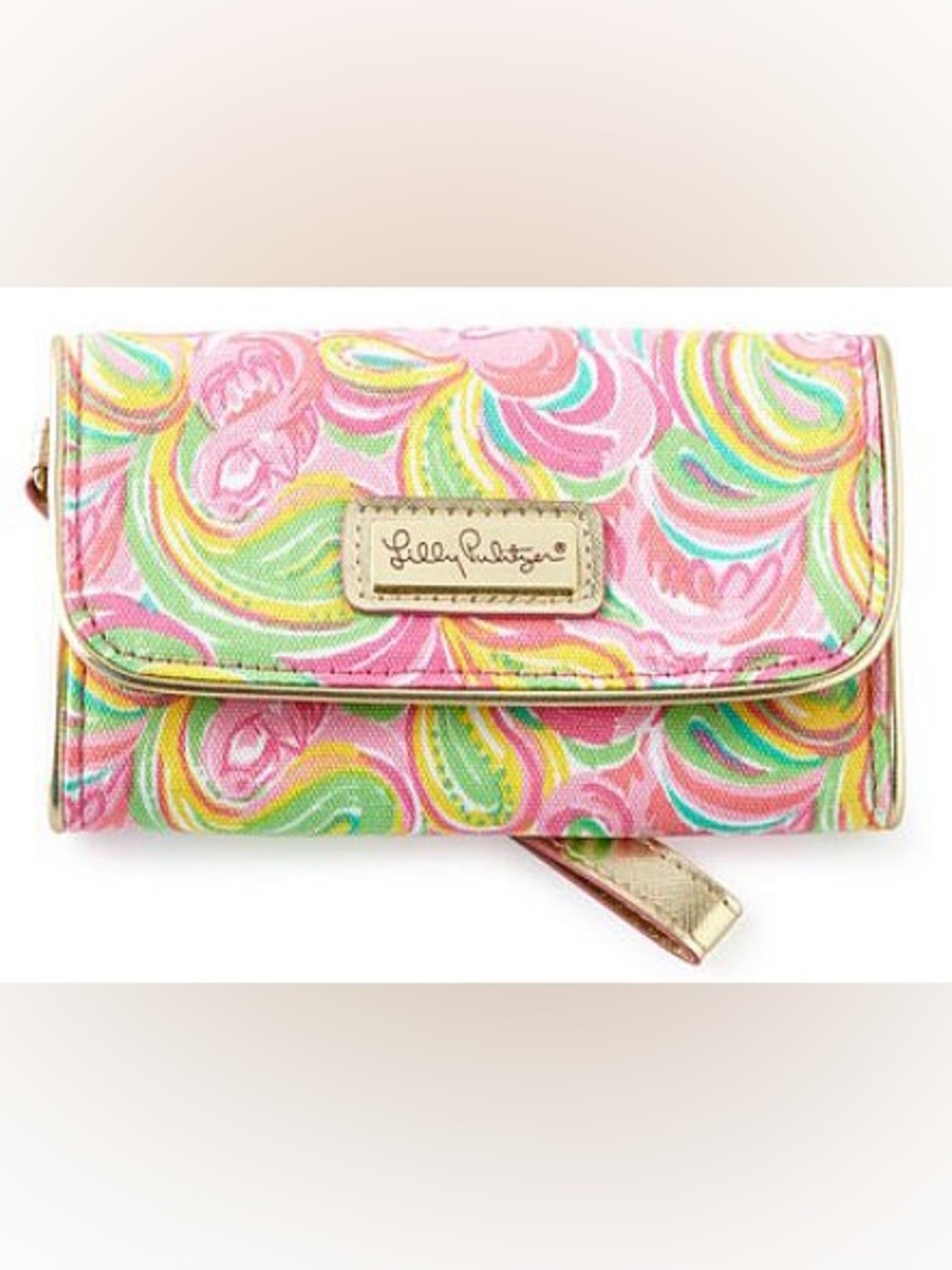 Lilly Pulitzer It's a Keeper Pink Flamingo Canvas Wristlet Wallet Gold Trim